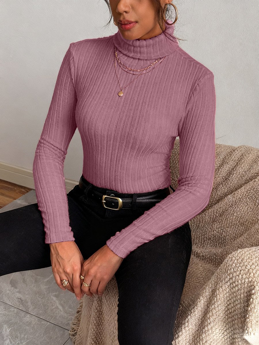 Women Dark Pink Ribbed Turtleneck Top