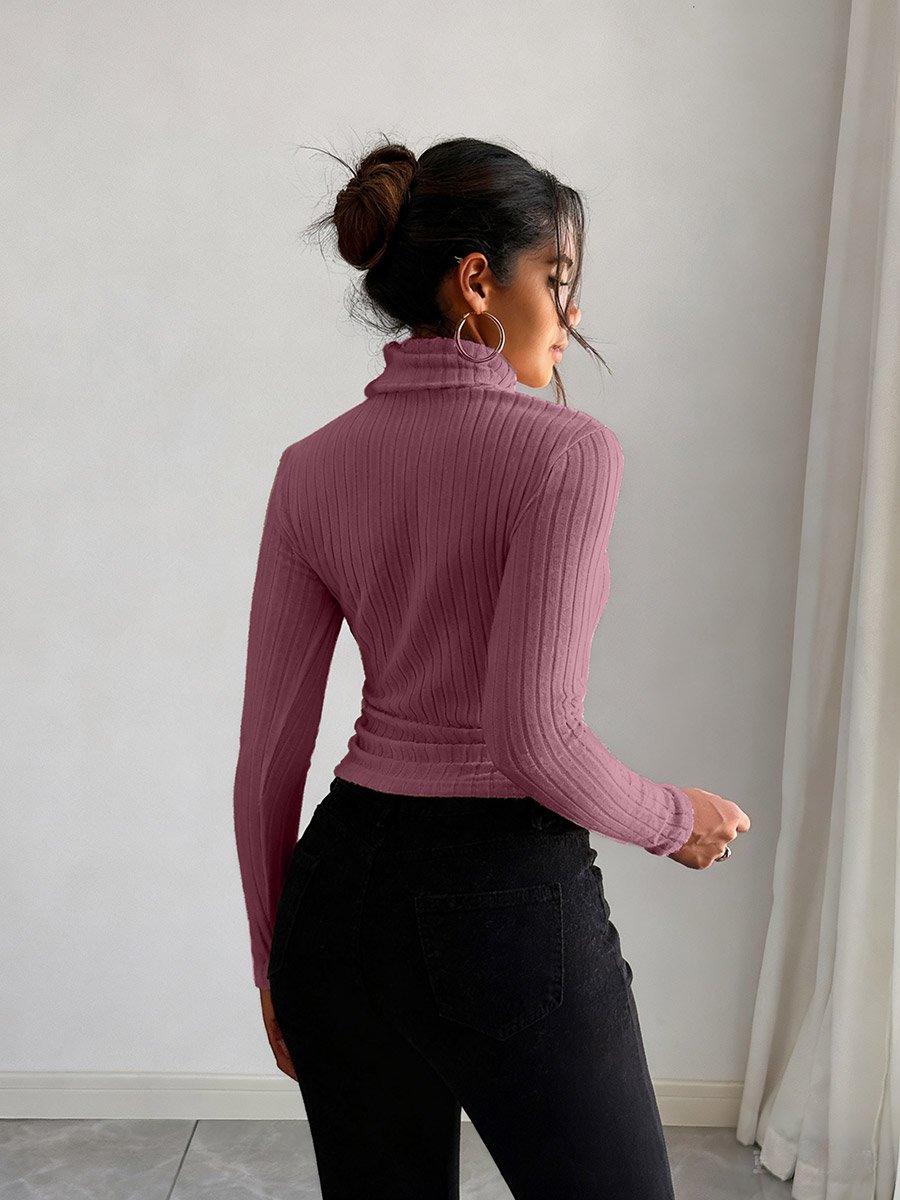 Women Dark Pink Ribbed Turtleneck Top