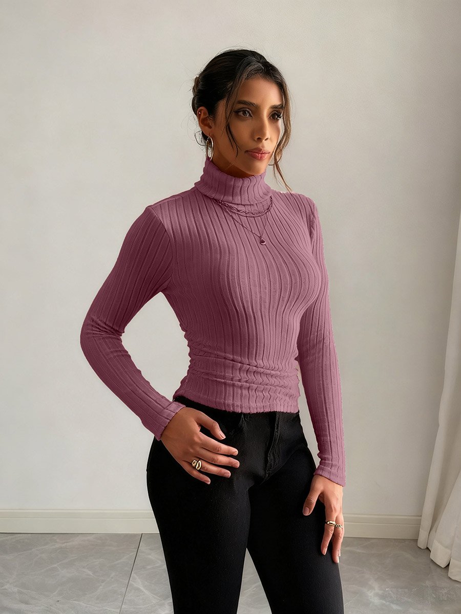 Women Dark Pink Ribbed Turtleneck Top