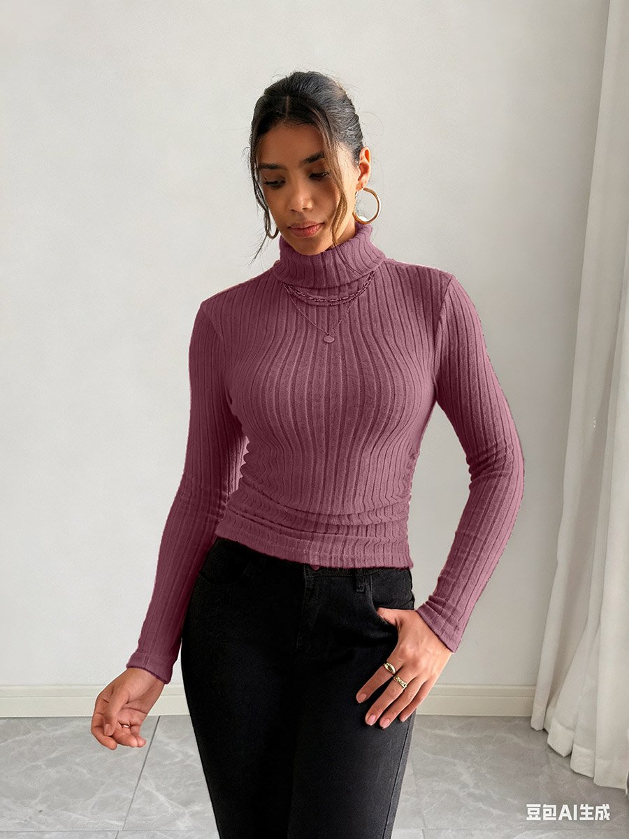 Women Dark Pink Ribbed Turtleneck Top