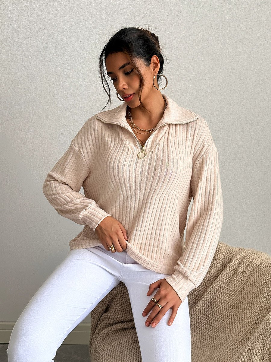 Women Beige Half-Zip Ribbed Sweatshirt
