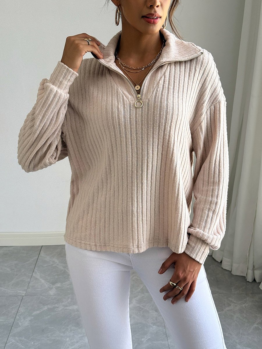 Women Beige Half-Zip Ribbed Sweatshirt
