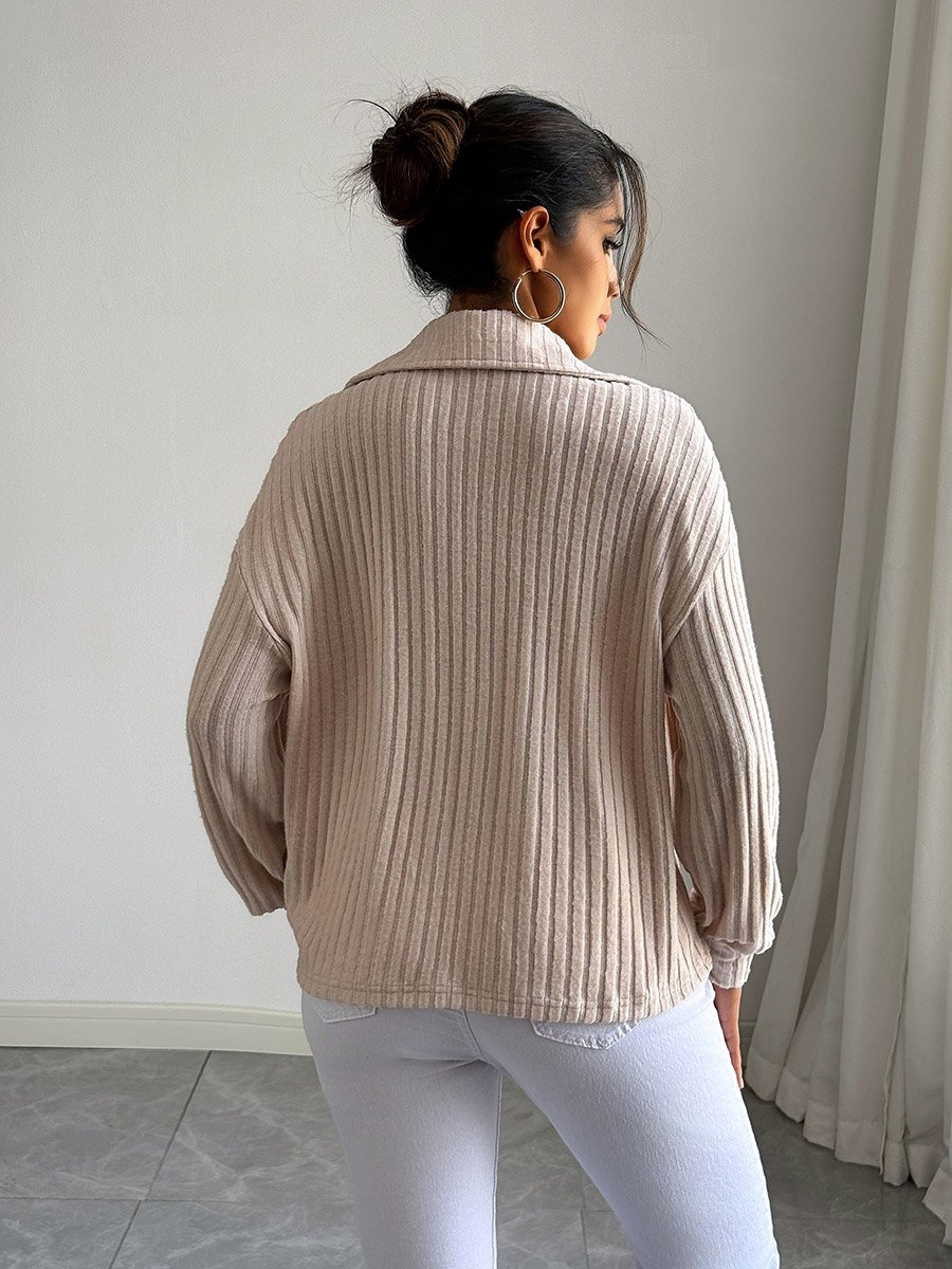Women Beige Half-Zip Ribbed Sweatshirt