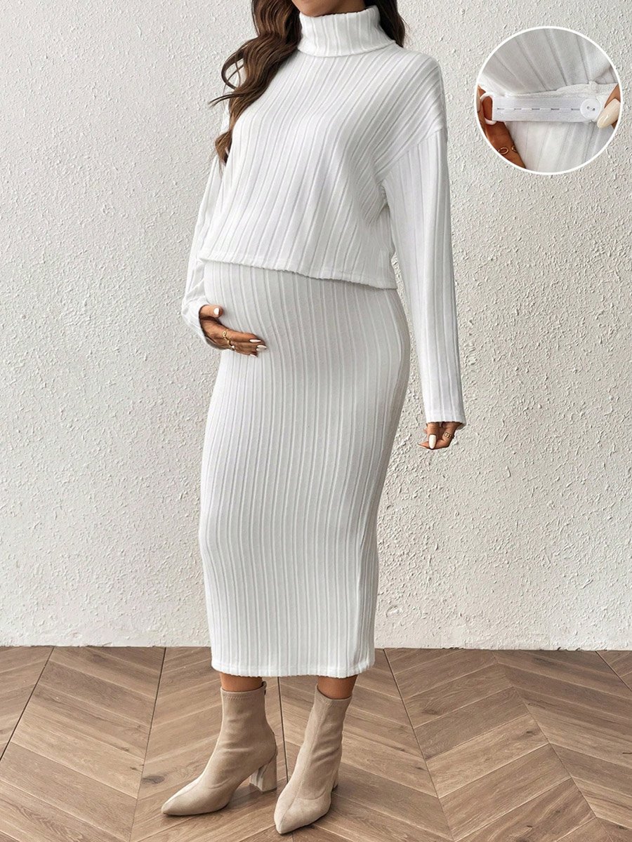 White Ribbed Maternity Top and Adjustable Skirt Co-ord Set