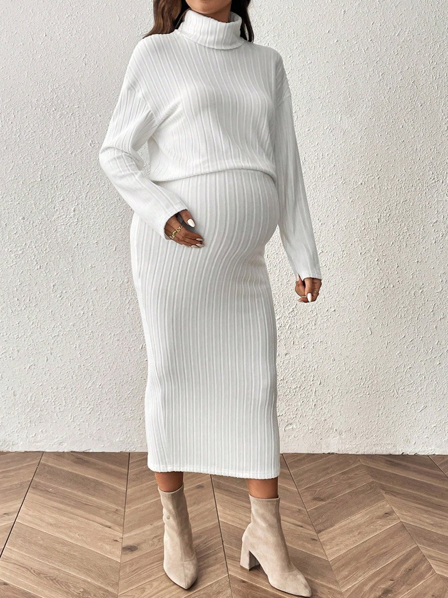 White Ribbed Maternity Top and Adjustable Skirt Co-ord Set