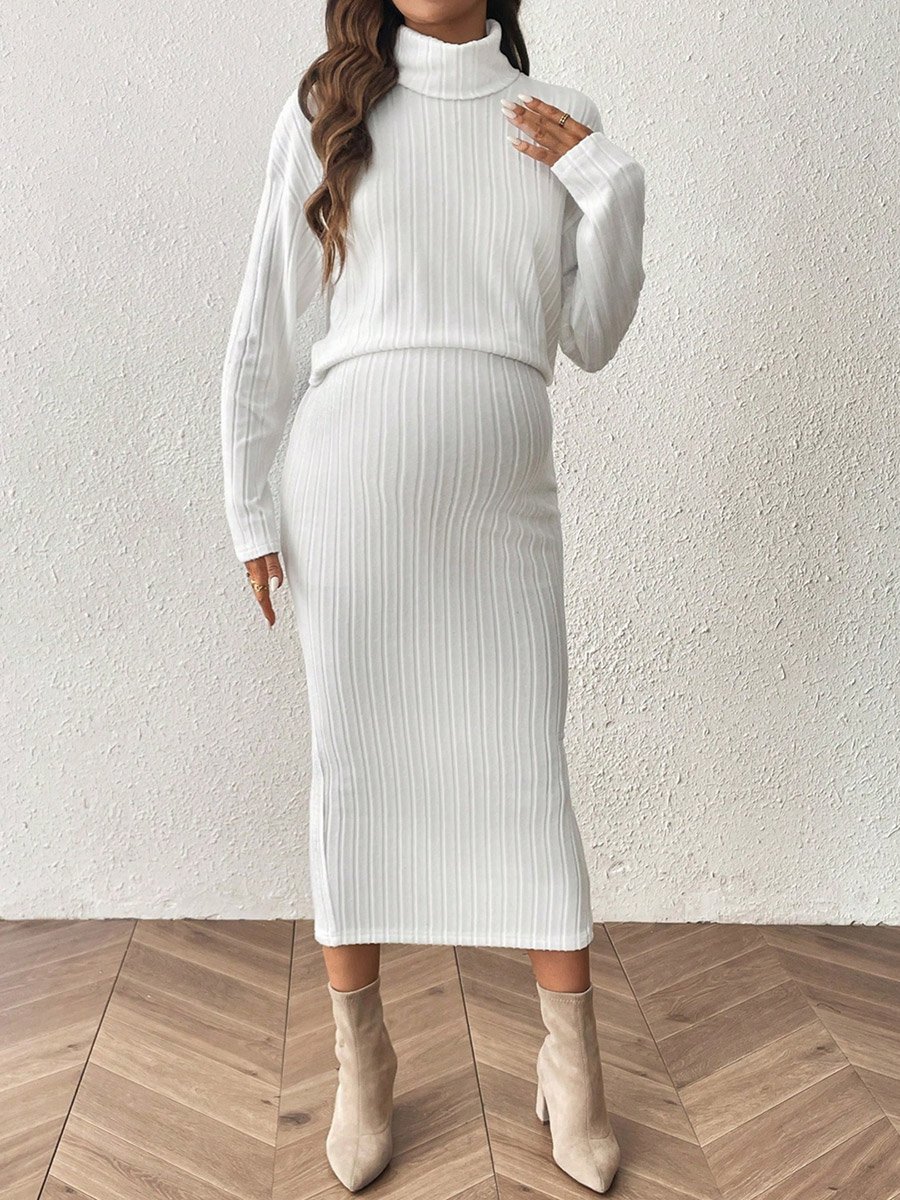 White Ribbed Maternity Top and Adjustable Skirt Co-ord Set