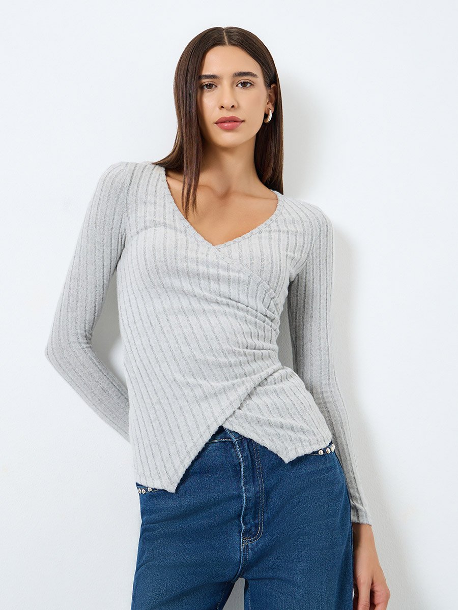 Solid V-Neck Long Sleeve Ribbed Wrap Top