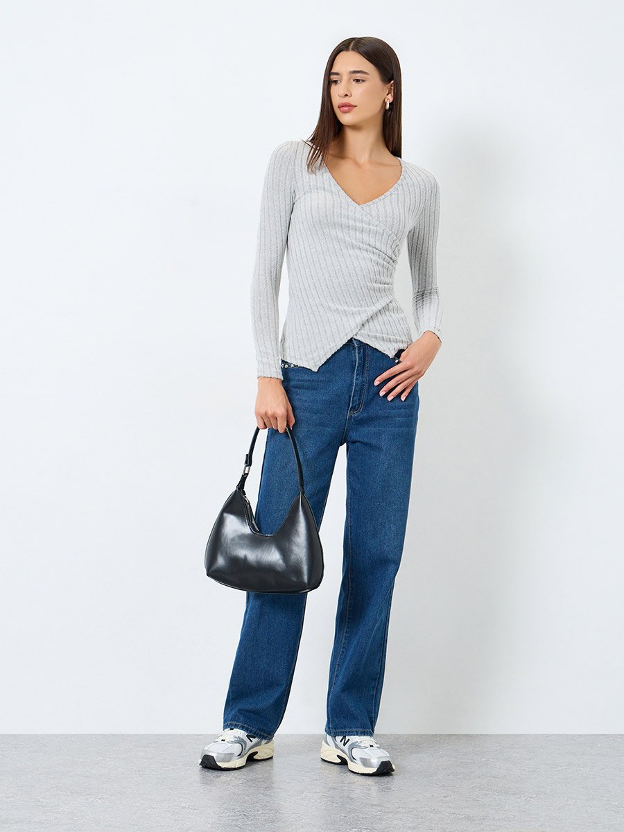 Solid V-Neck Long Sleeve Ribbed Wrap Top