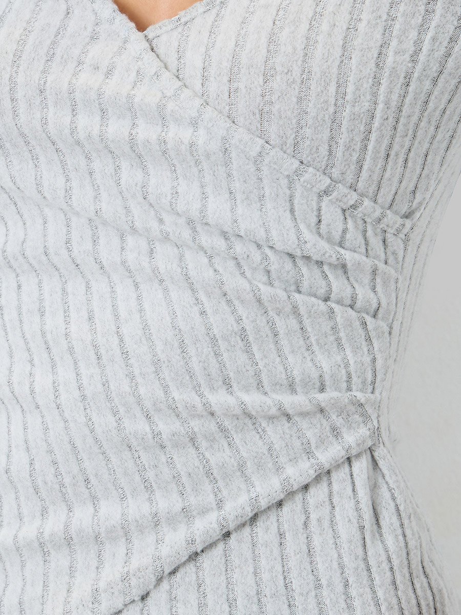 Solid V-Neck Long Sleeve Ribbed Wrap Top