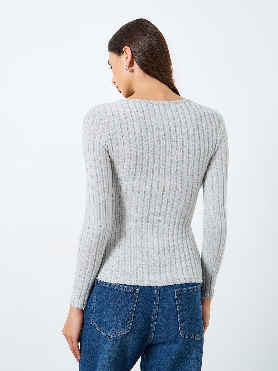 Solid V-Neck Long Sleeve Ribbed Wrap Top