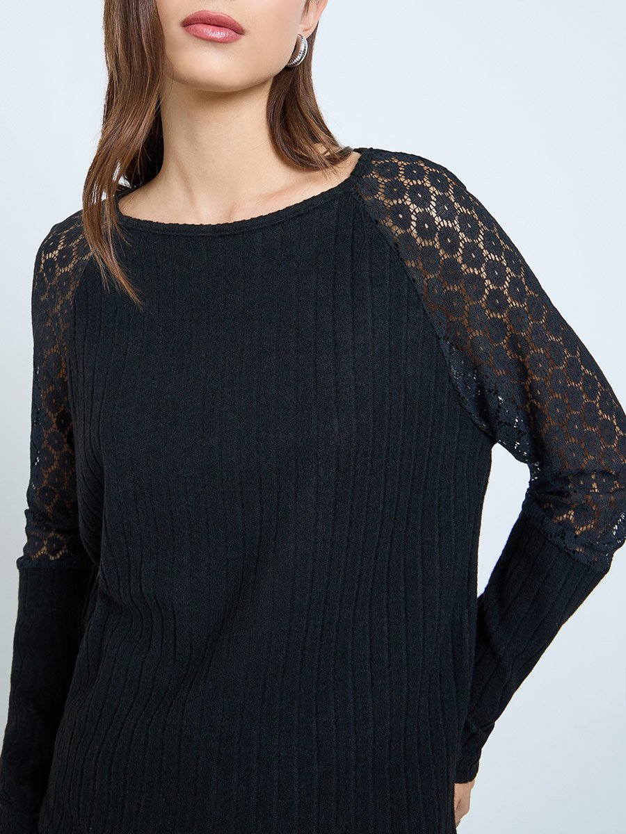 Black Lace Sleeve Ribbed Top