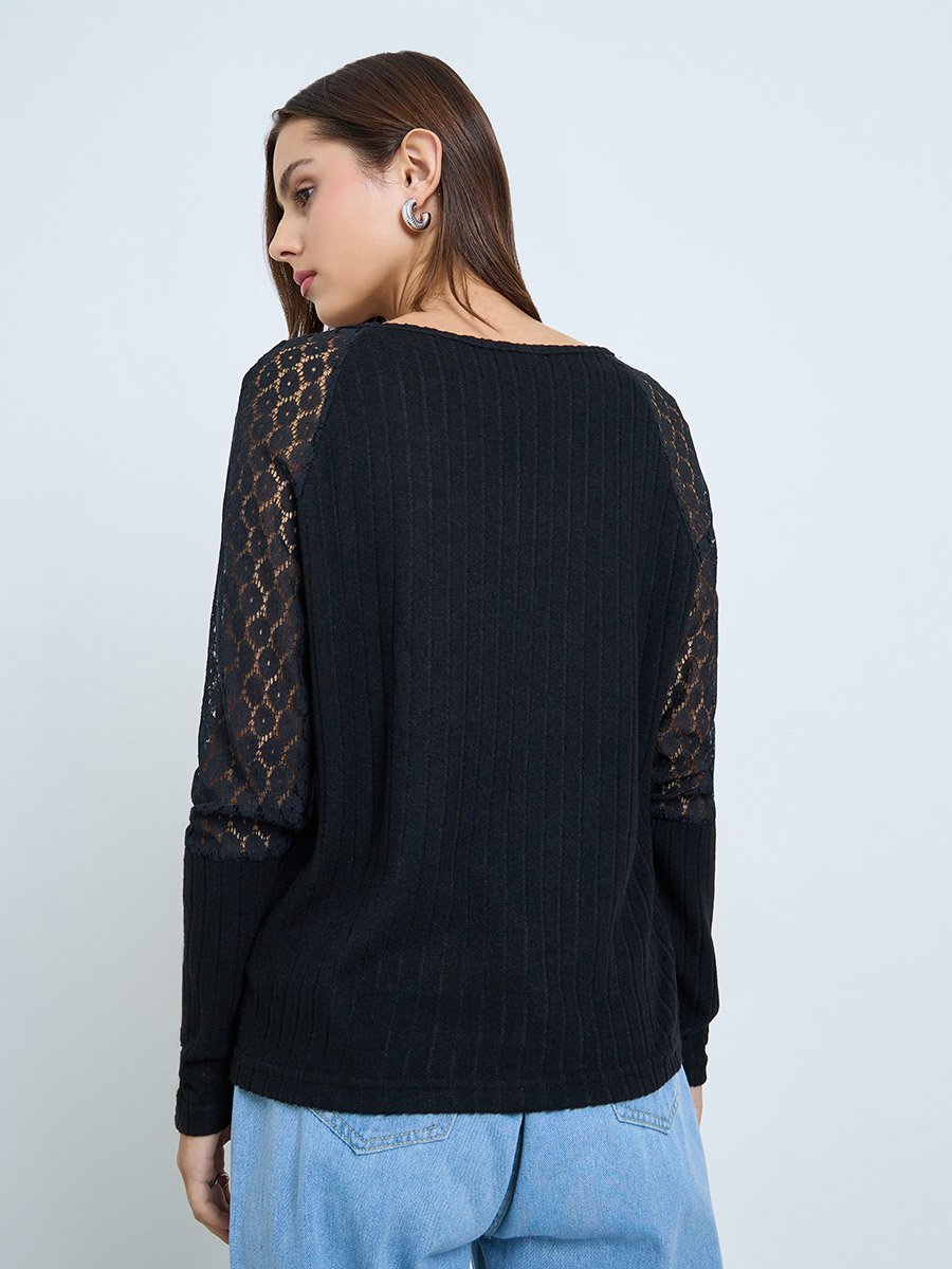 Black Lace Sleeve Ribbed Top