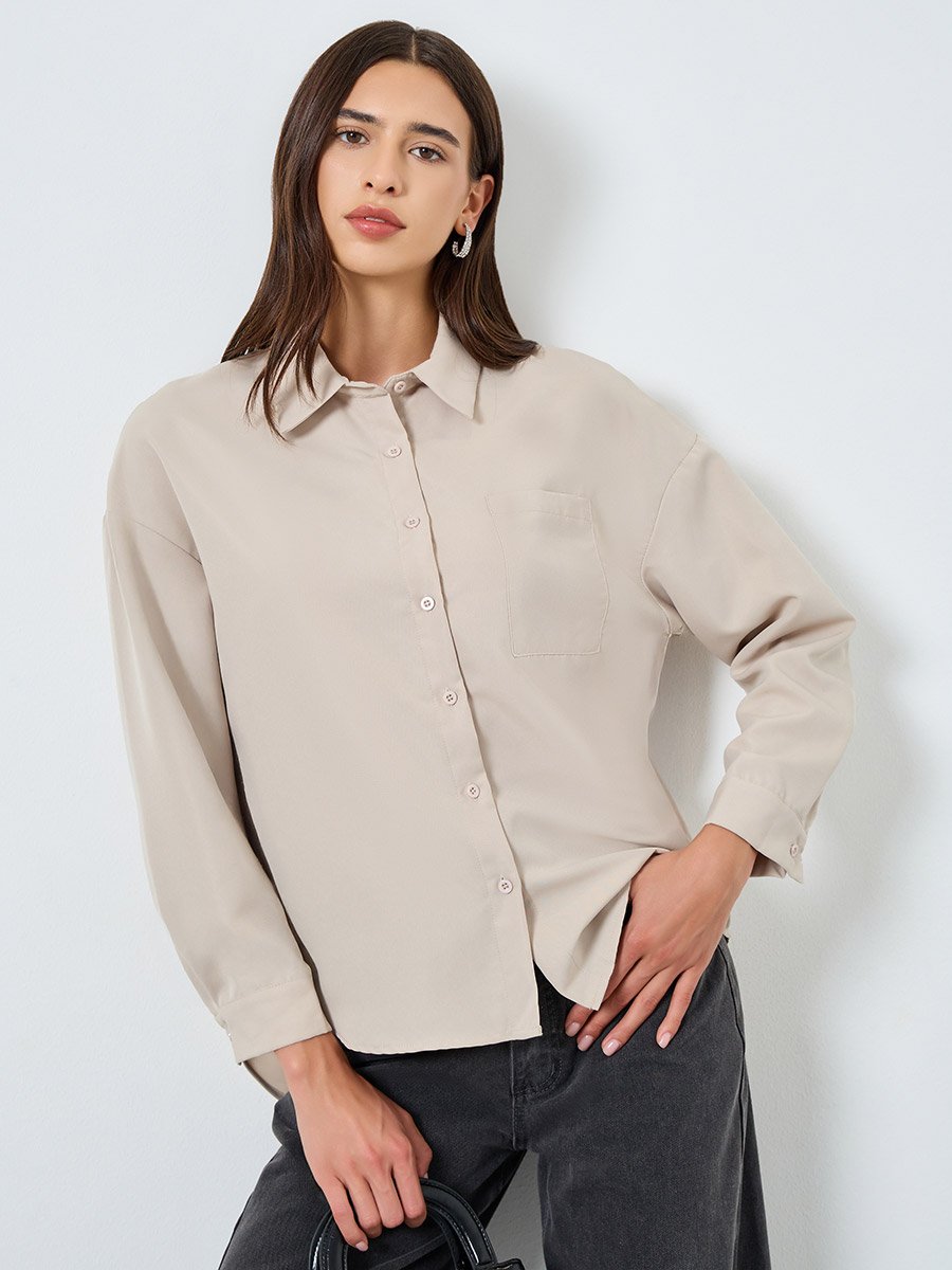 Women Solid Pocket Detail Long Sleeve Shirt