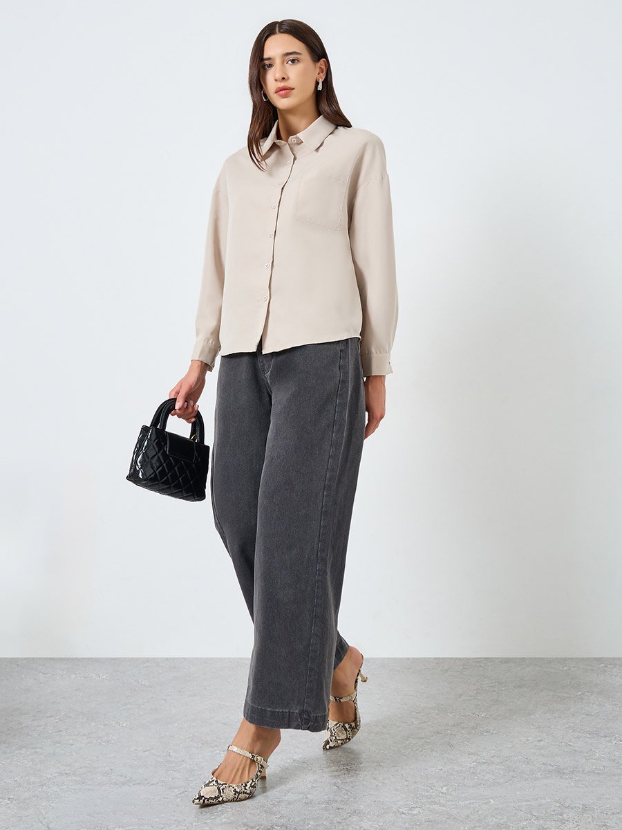 Women Solid Pocket Detail Long Sleeve Shirt