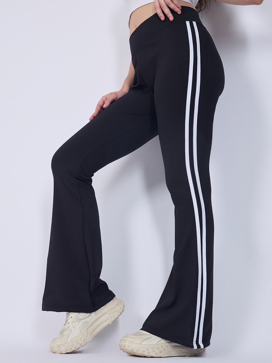 Black Flared Contrast Striped Leggings
