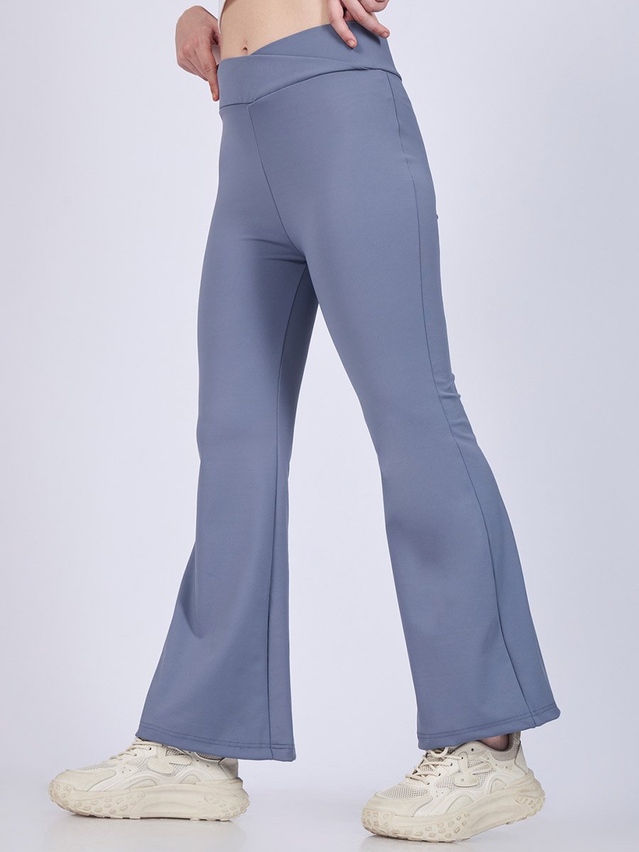Grey Criss-Cross Waistband Flared Leggings