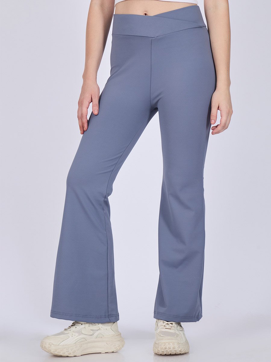 Grey Criss-Cross Waistband Flared Leggings