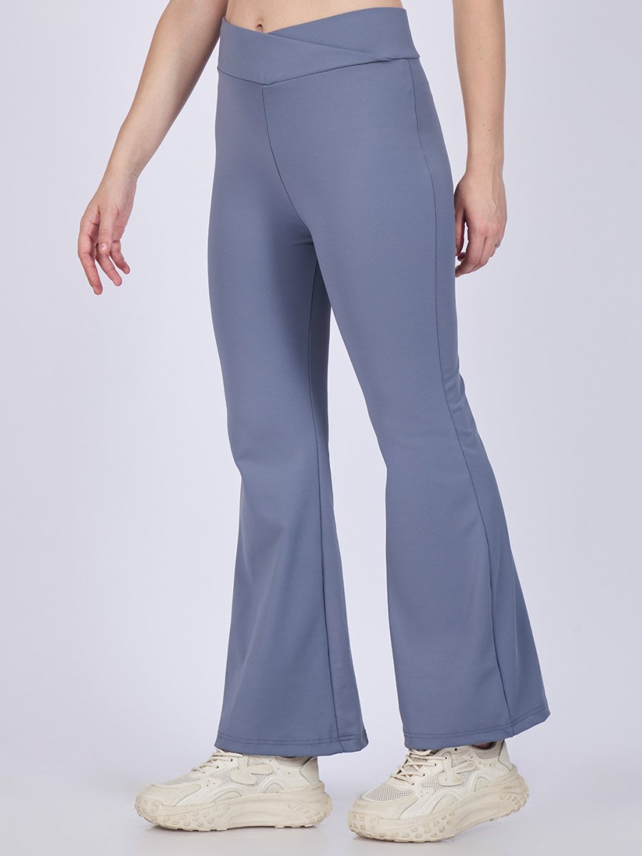 Grey Criss-Cross Waistband Flared Leggings