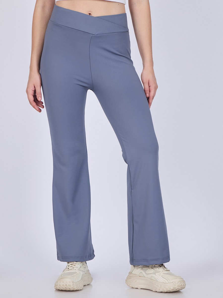 Grey Criss-Cross Waistband Flared Leggings