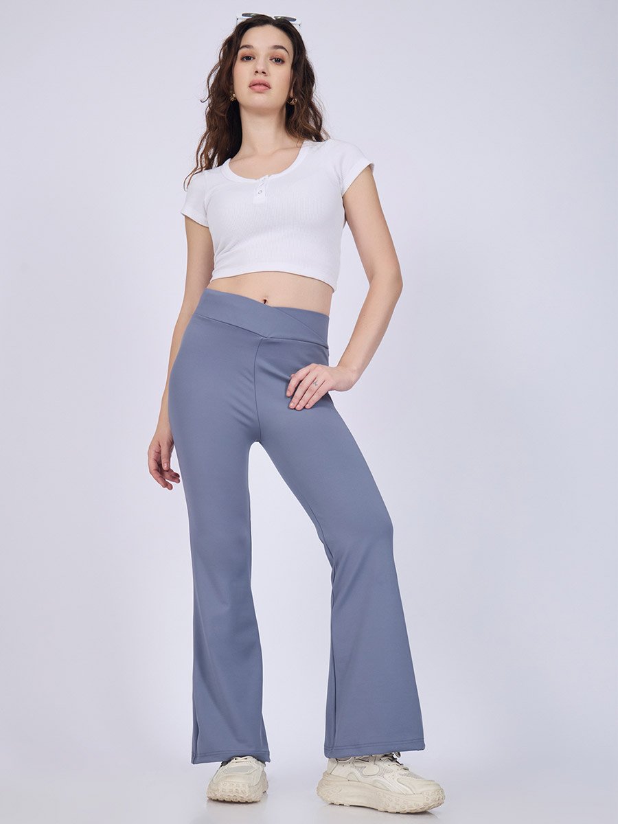 Grey Criss-Cross Waistband Flared Leggings