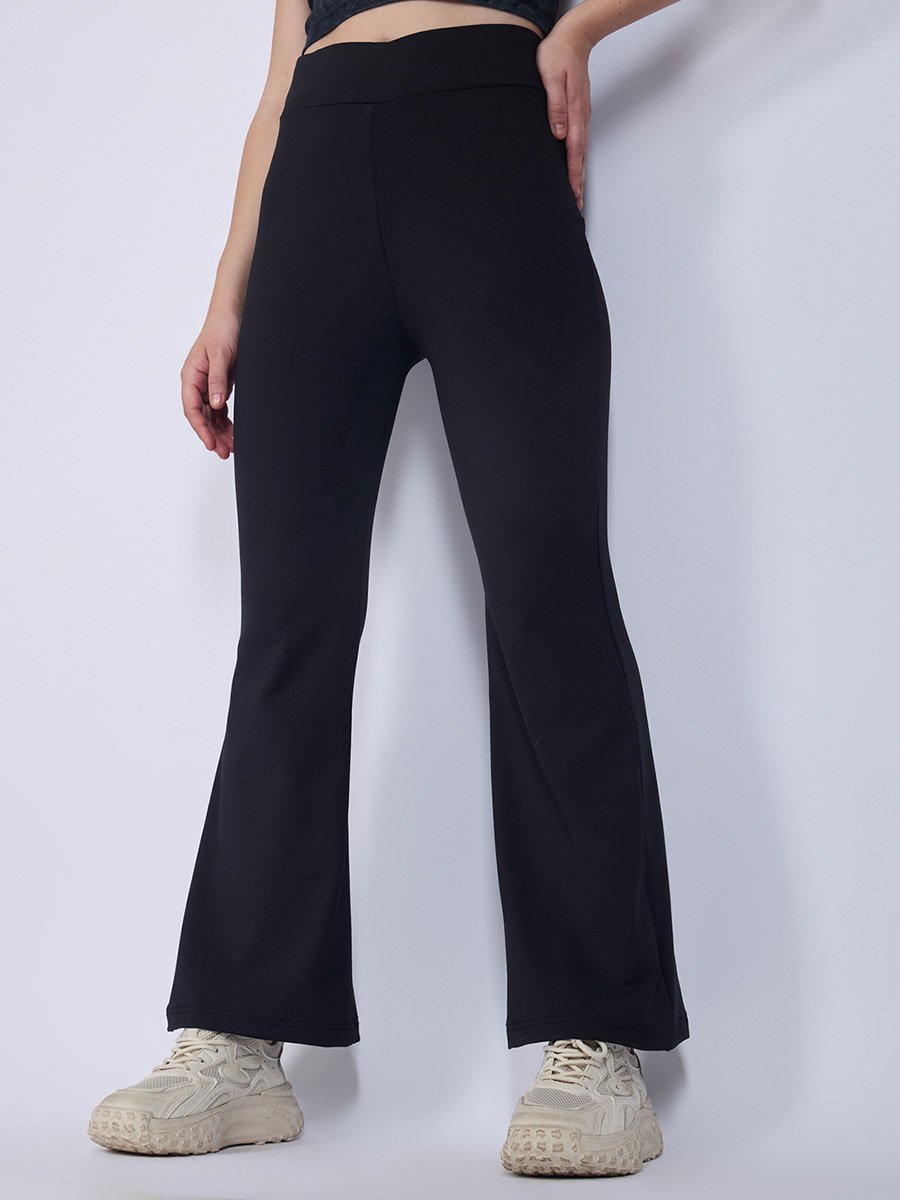 Black Criss Cross Waistband Flared Leggings