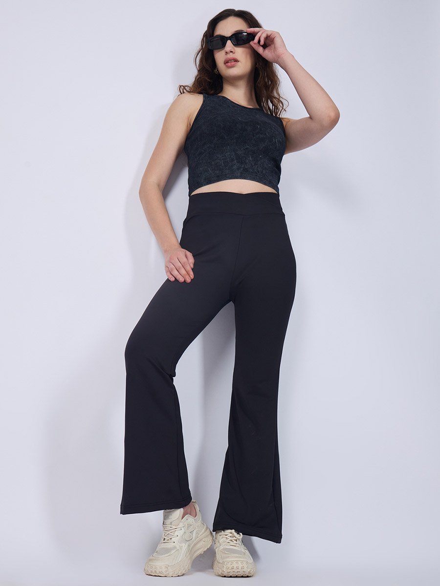 Black Criss Cross Waistband Flared Leggings
