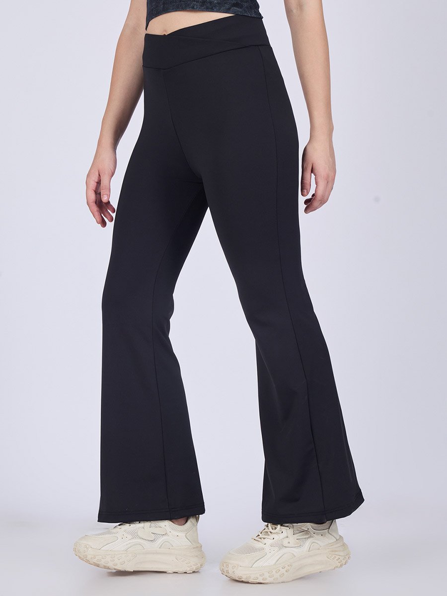 Black Criss Cross Waistband Flared Leggings