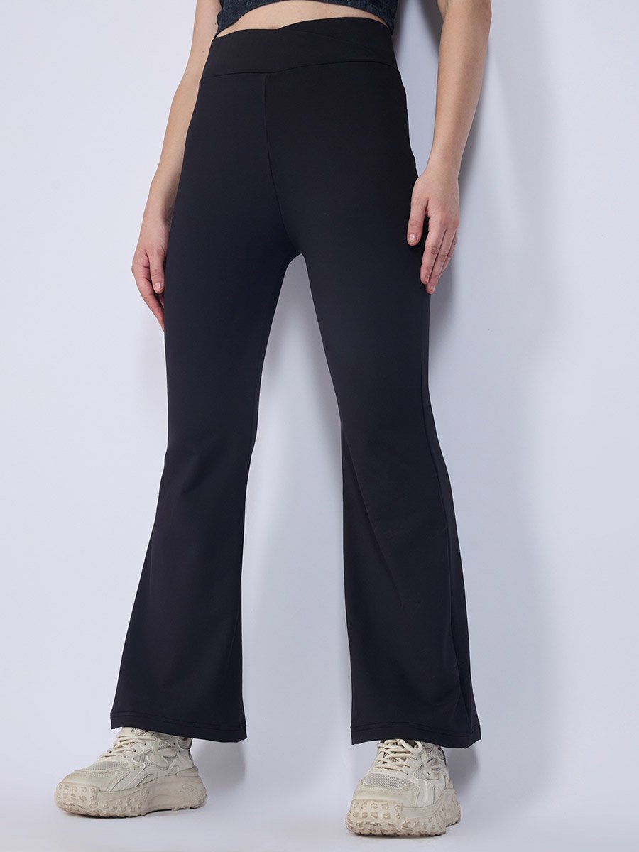 Black Criss Cross Waistband Flared Leggings