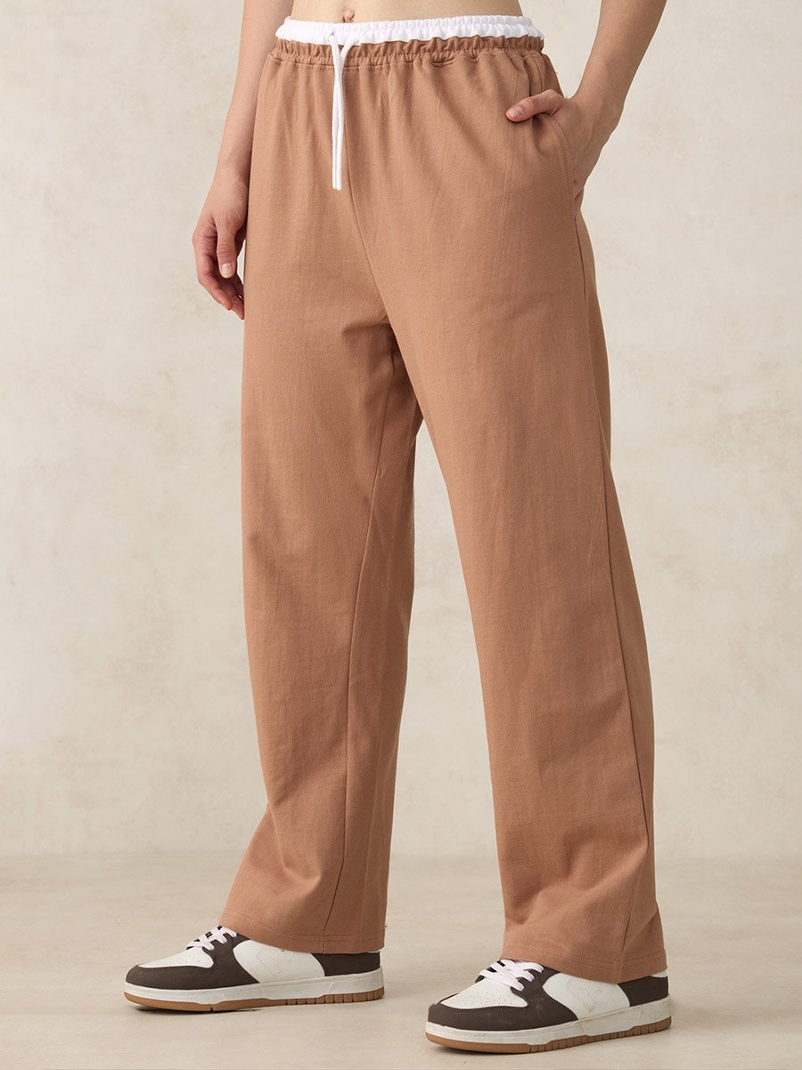 Brown Dual Toned Waistband Joggers