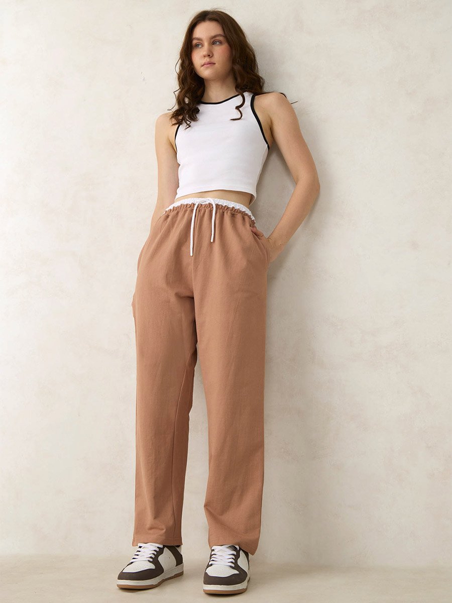 Brown Dual Toned Waistband Joggers