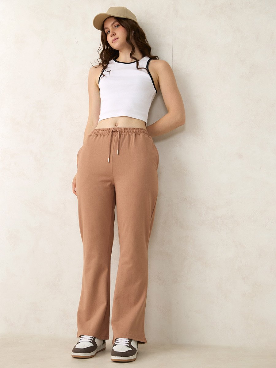 Brown Basic Solid Flared Joggers