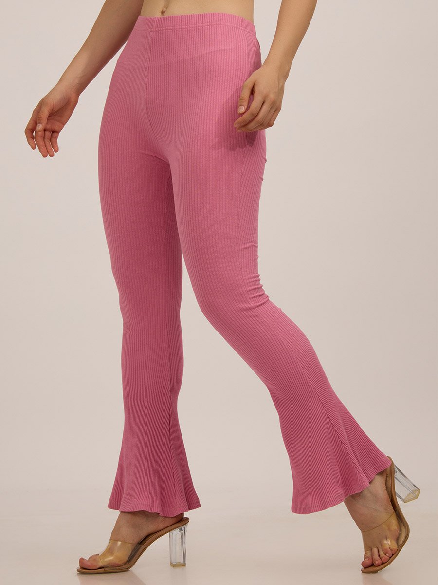 Pink Ribbed Basic Flared Leggings