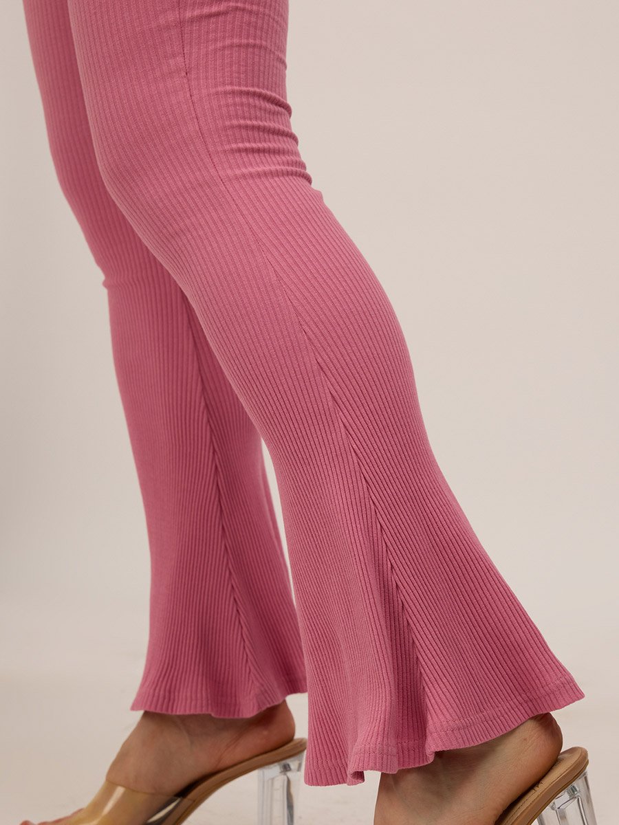 Pink Ribbed Basic Flared Leggings