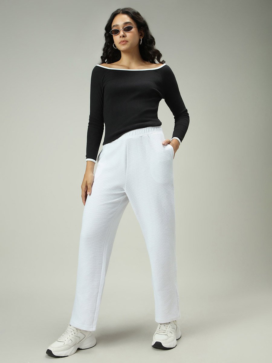 White Textured Solid Pants