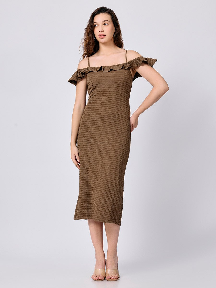 Olive Midi Textured Dress with Ruffle Detail