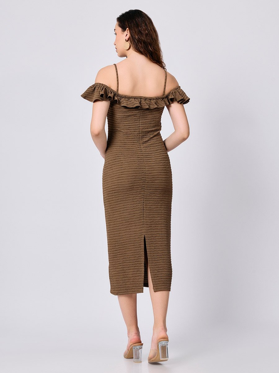 Olive Midi Textured Dress with Ruffle Detail