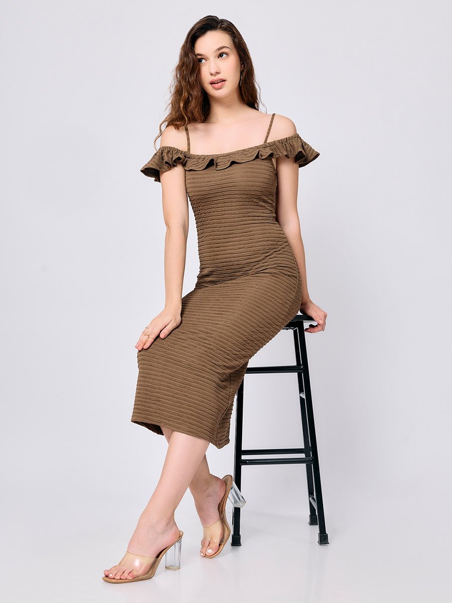 Olive Midi Textured Dress with Ruffle Detail