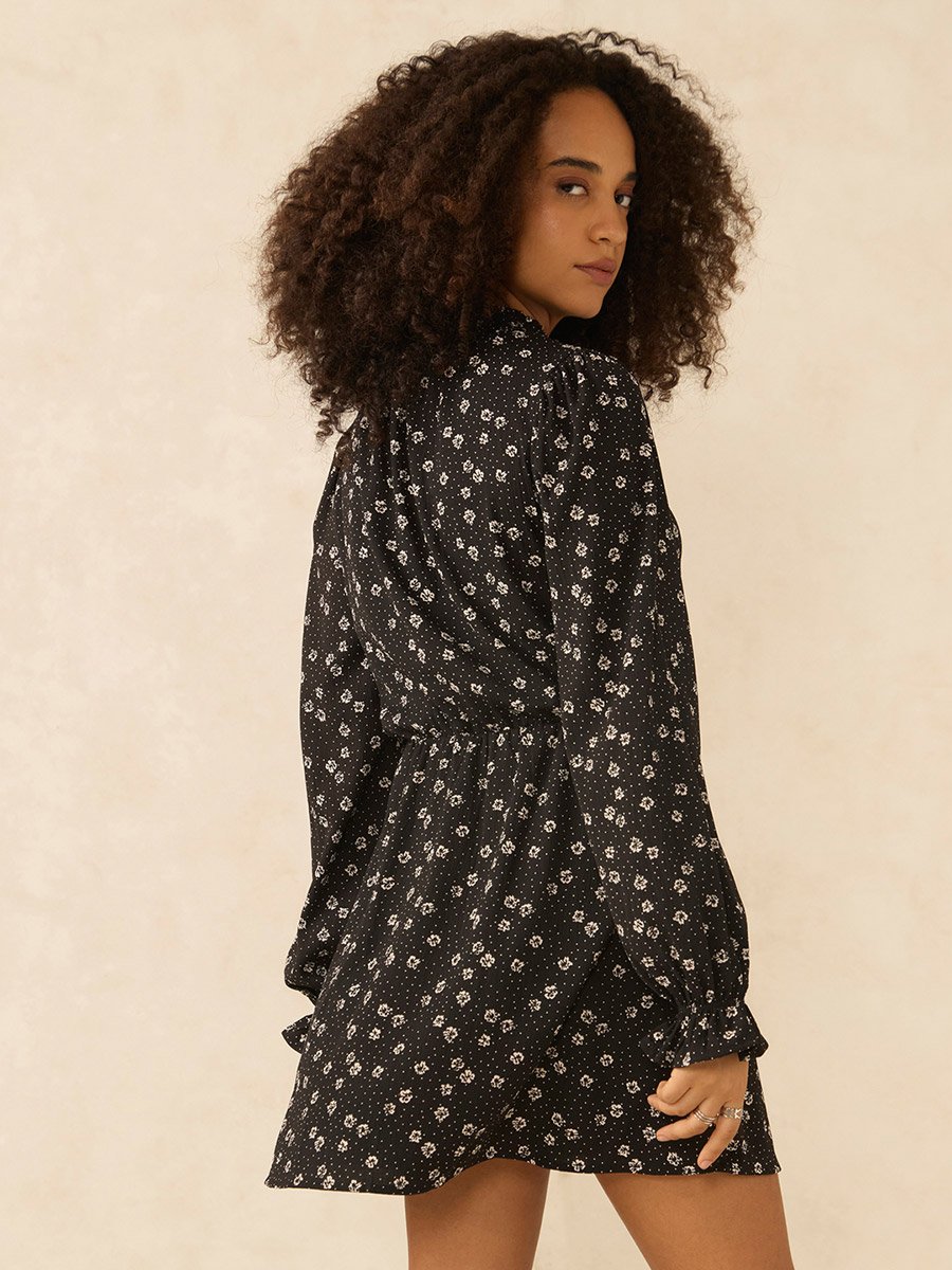 Black High Neck Ditsy Mini Dress
