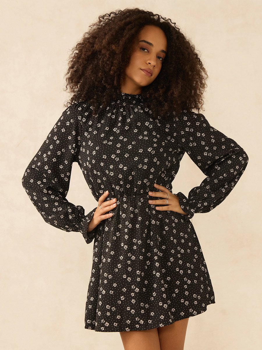 Black High Neck Ditsy Mini Dress