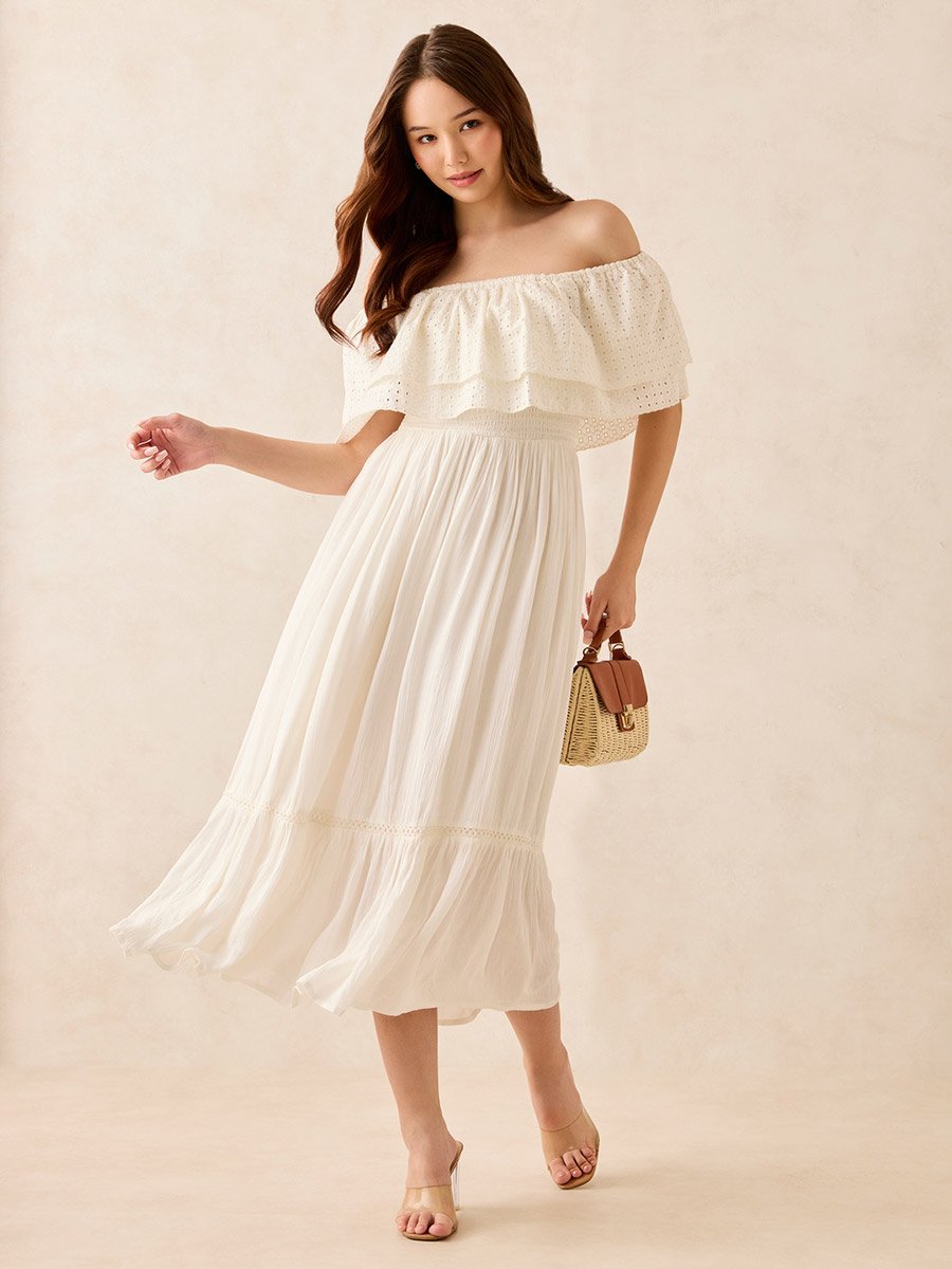 White Off Shoulder Layered Midi Dress