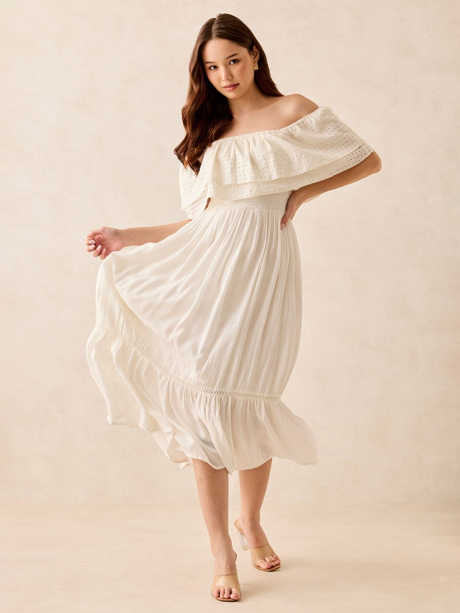White Off Shoulder Layered Midi Dress