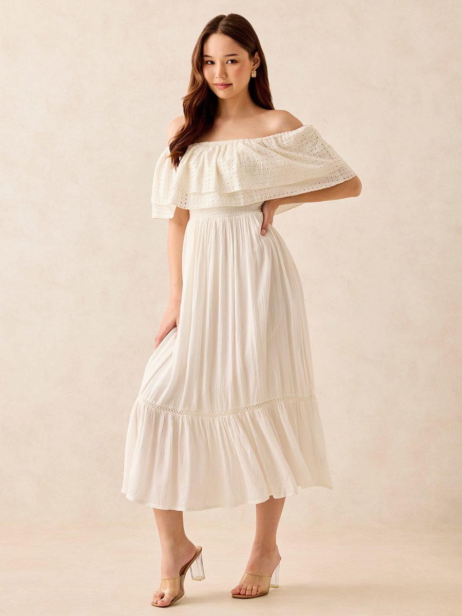 White Off Shoulder Layered Midi Dress