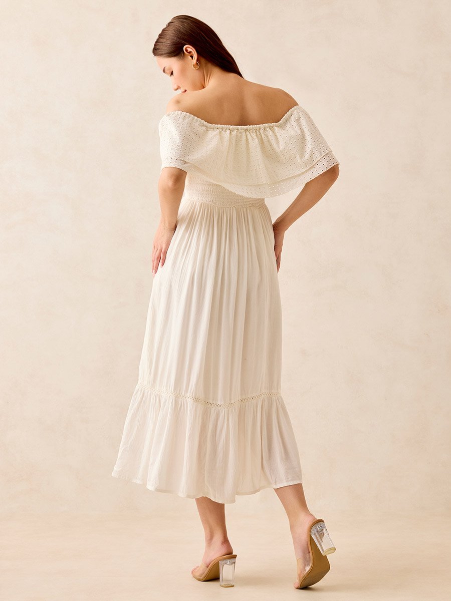 White Off Shoulder Layered Midi Dress