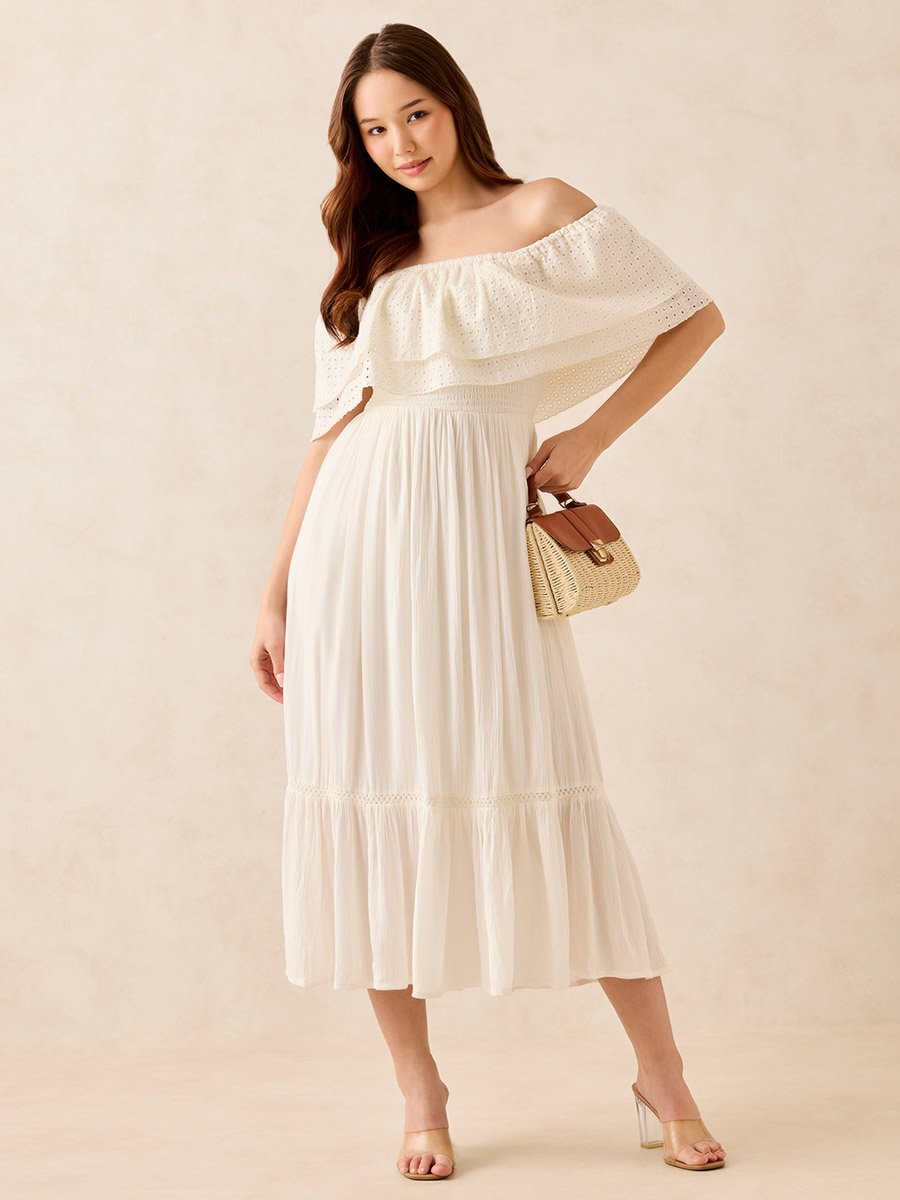 White Off Shoulder Layered Midi Dress