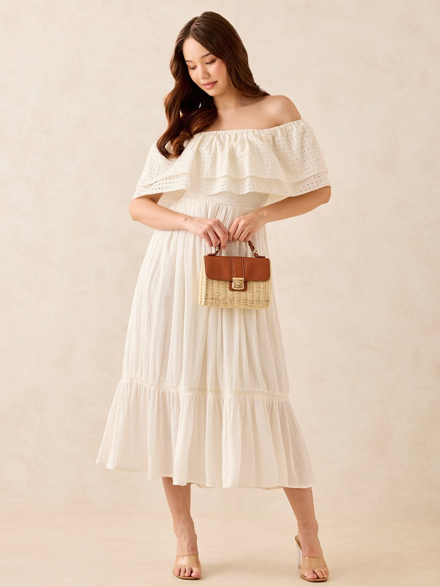 White Off Shoulder Layered Midi Dress