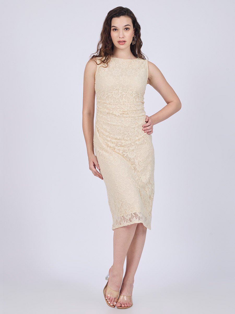 Beige Floral Lace Midi Dress For Women at UAE | Styli Beige Floral Lace Midi Dress For Women at UAE | Styli