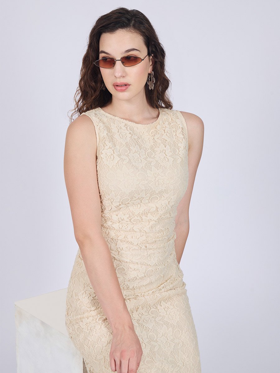 Beige Floral Lace Midi Dress For Women at UAE | Styli Beige Floral Lace Midi Dress For Women at UAE | Styli