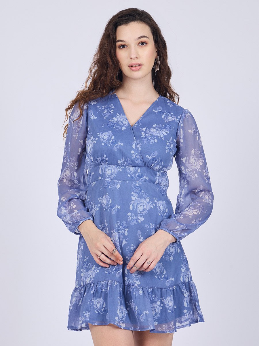 Blue Floral Print Mini Dress