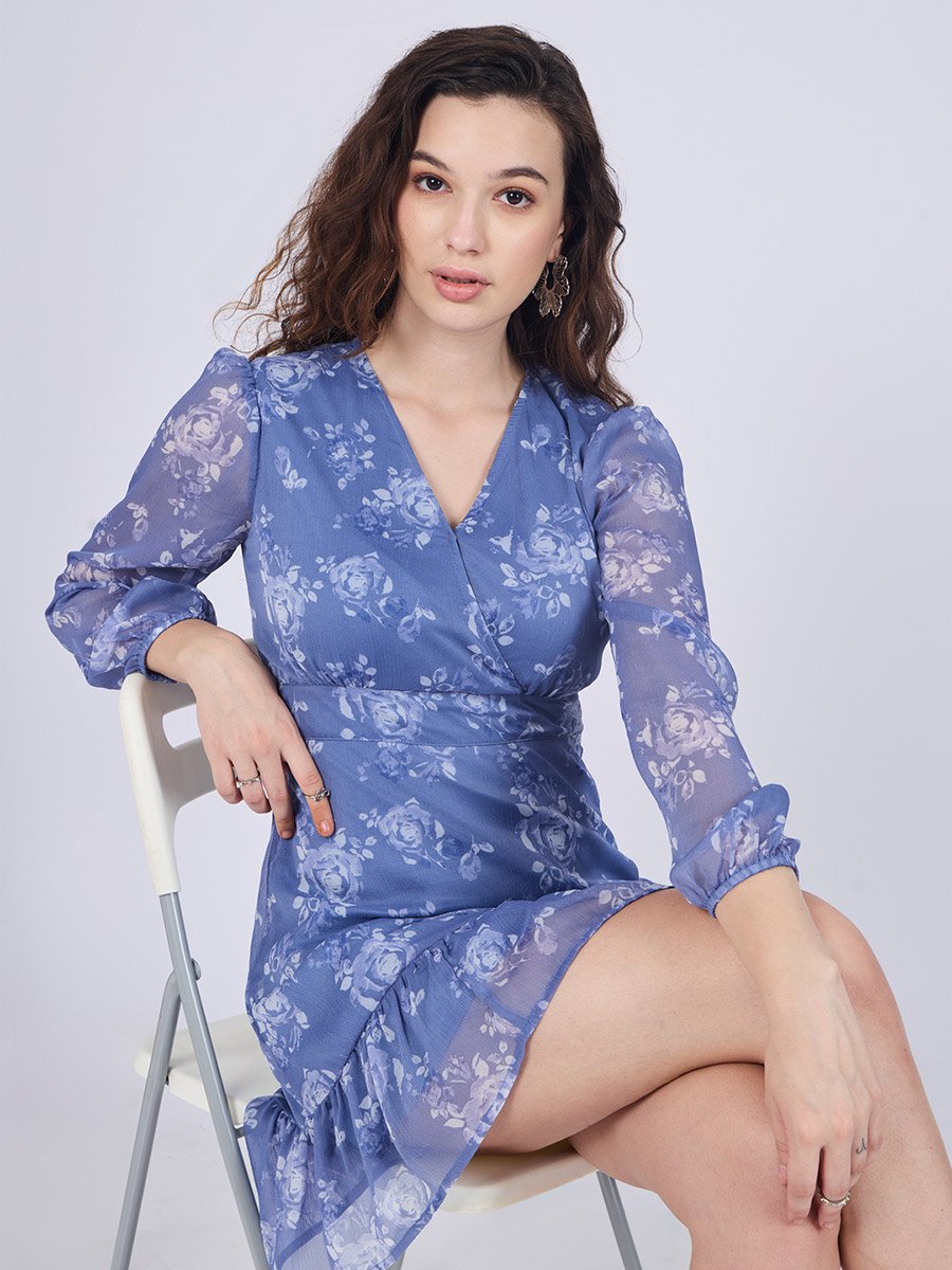 Blue Floral Print Mini Dress