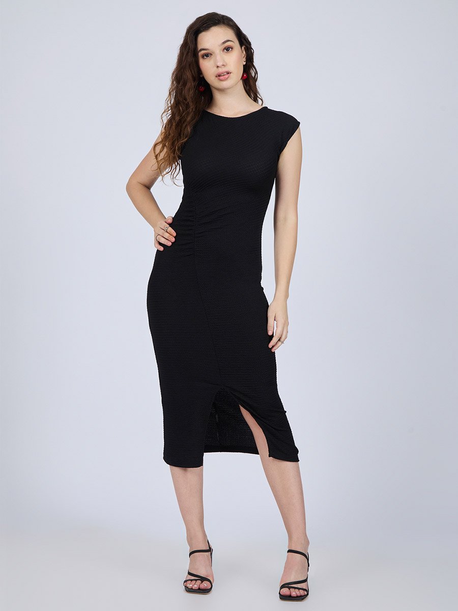 Black Textured Knit Bodycon Midi Dress